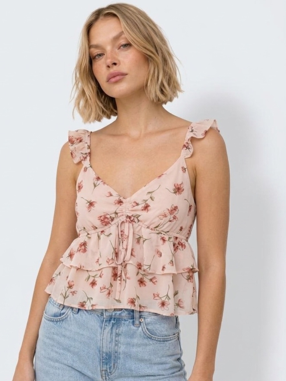 Forever 21 Blush Floral Ruffle Tie-Front Camisole